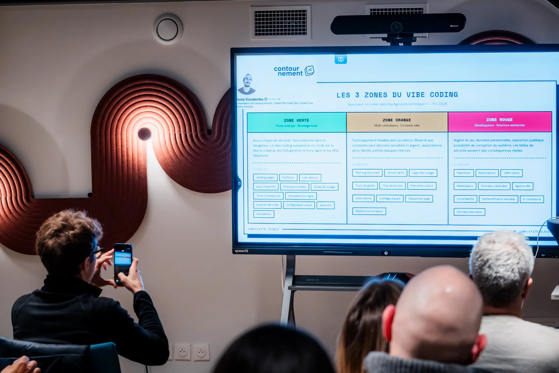 Présentation des trois zones du vibe coding sur grand écran